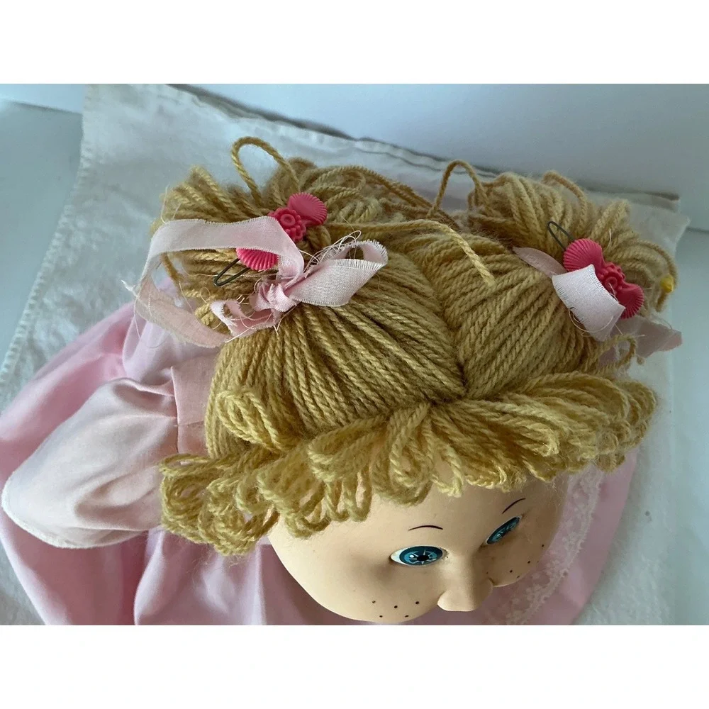 Vintage 1980s Doll Blonde Yarn Hair‎ Pink Lace Dress Large Toy